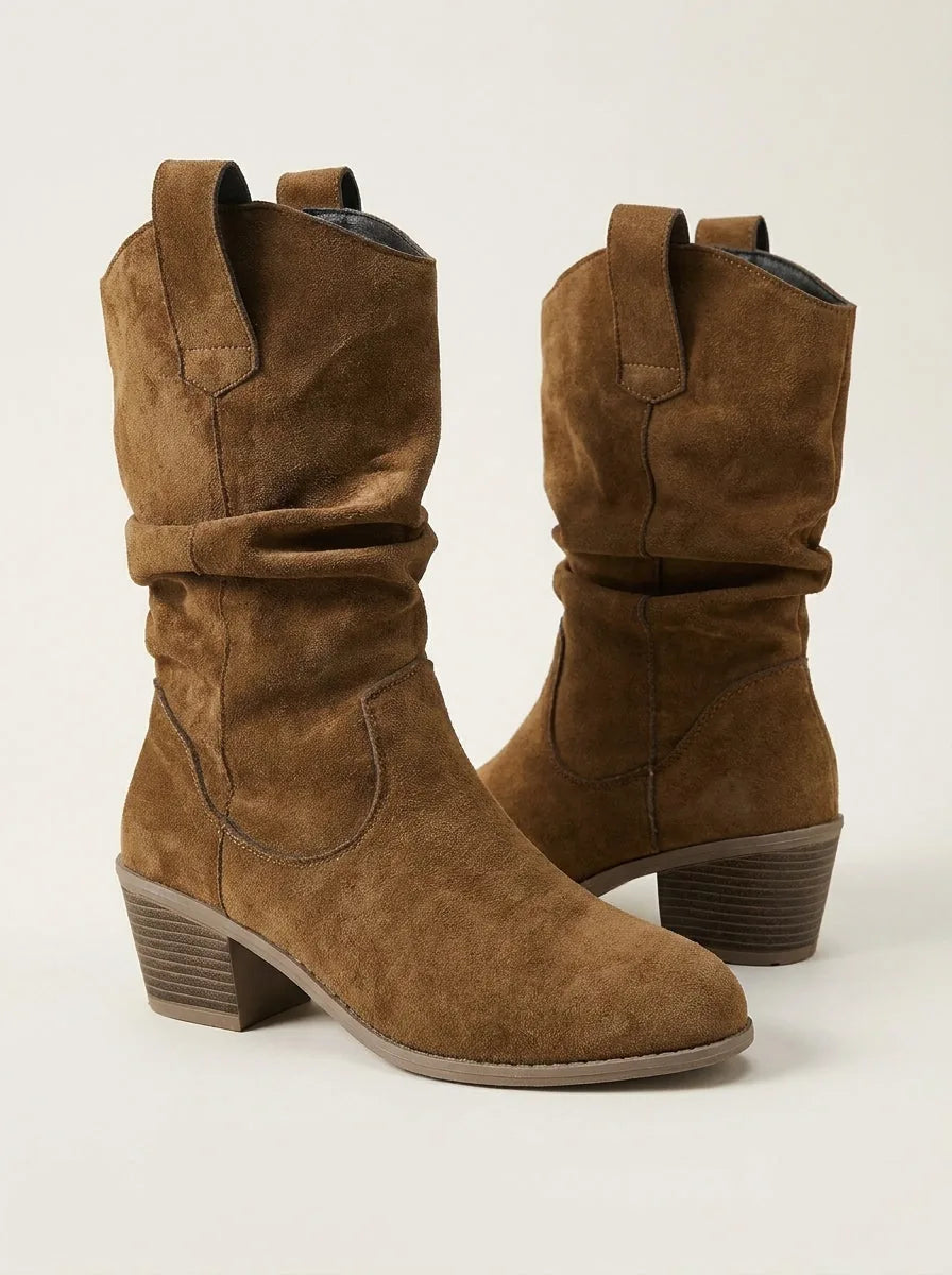 Slouchy Suede Western Mid-Calf Boots with Block Heel – Black or Dark Brown - image 2