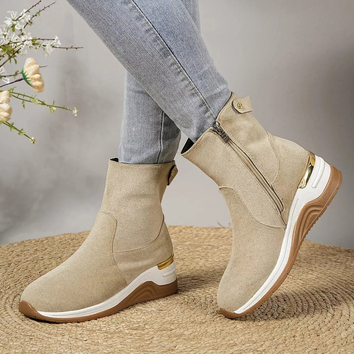 Suede Ankle Boots with Wedge Heel, Pull-On – Beige, Gray, Black or Taupe - image 2