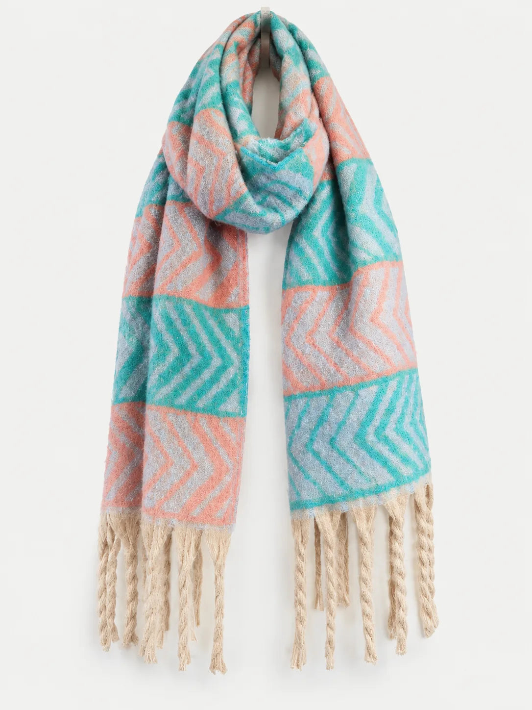 Two-Tone Zigzag Scarf with Fringe – Pink & Teal - image 1