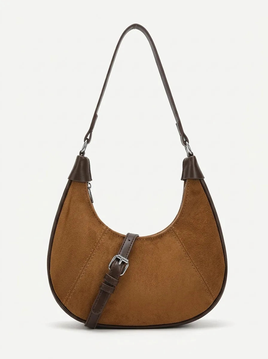 Vintage-Style Faux Suede Crescent Shoulder Bag in Brown - image 1