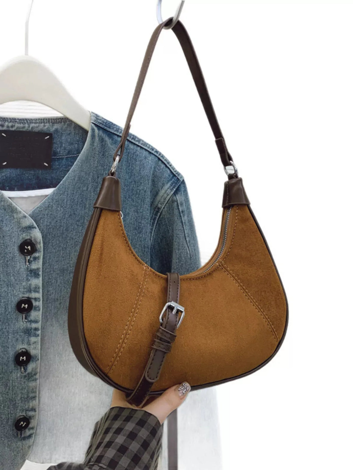 Vintage-Style Faux Suede Crescent Shoulder Bag in Brown - image 2