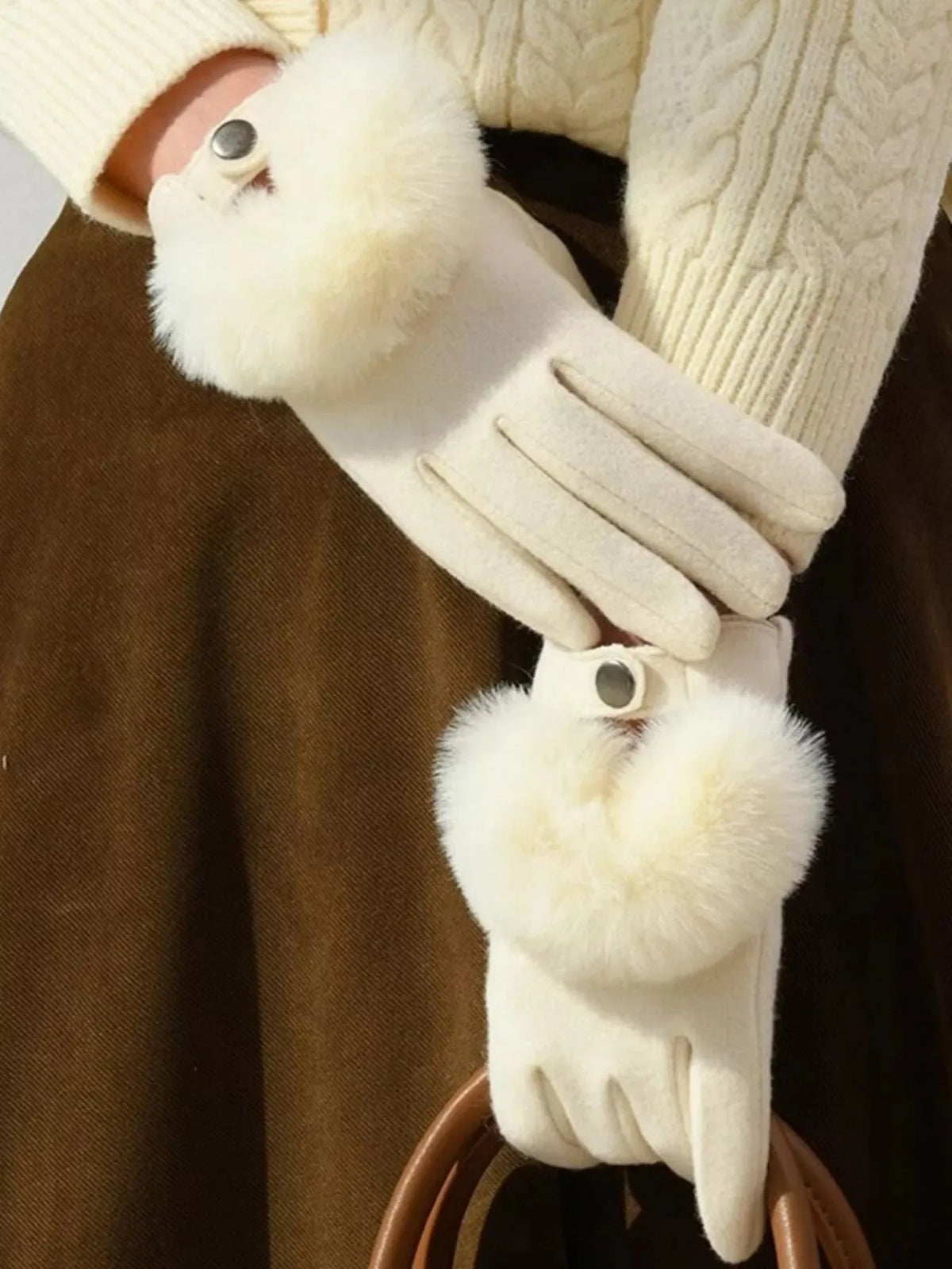 White Faux Fur Cuff Knit Gloves, 9 Inch - image 4